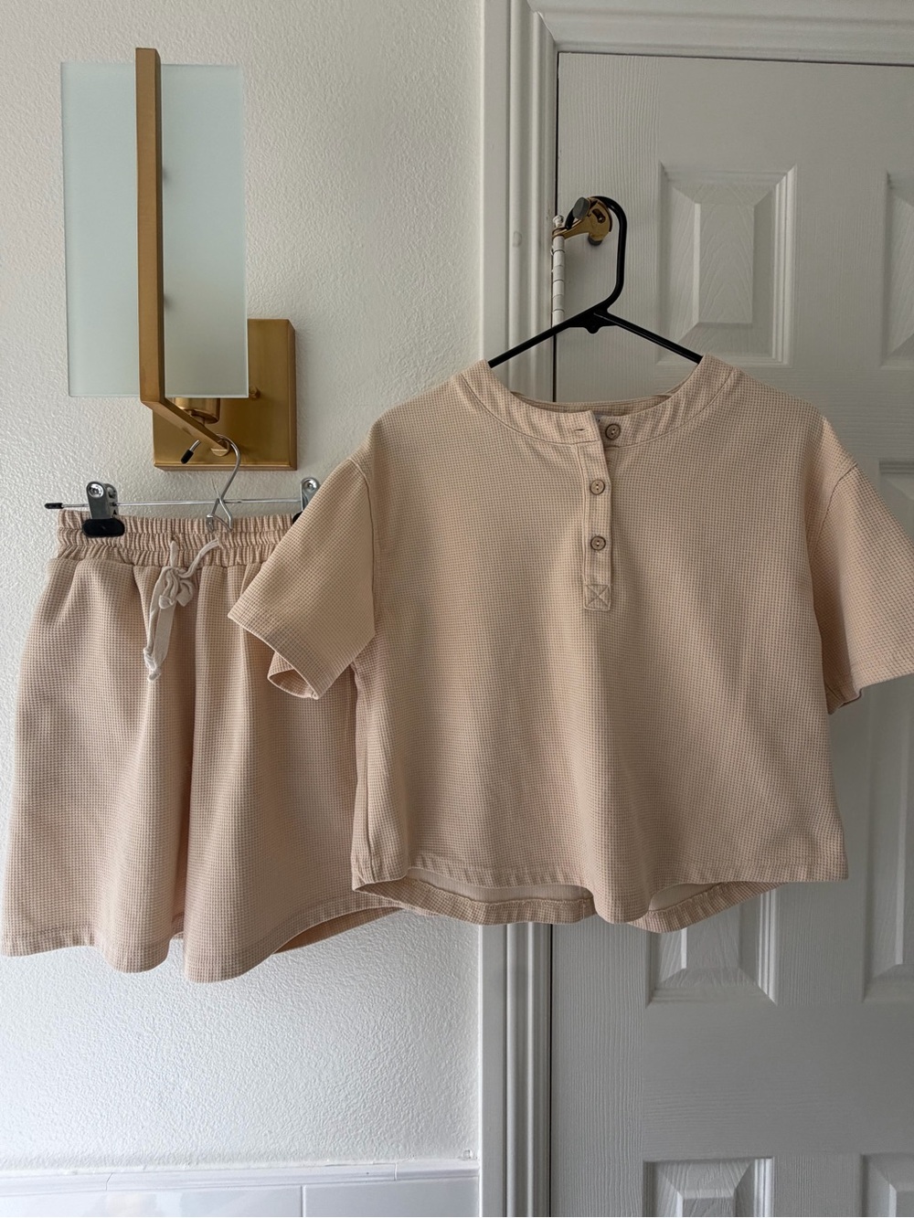 Crescent Short Sleeve Henley Crop Top and Shorts Set in Light Beige